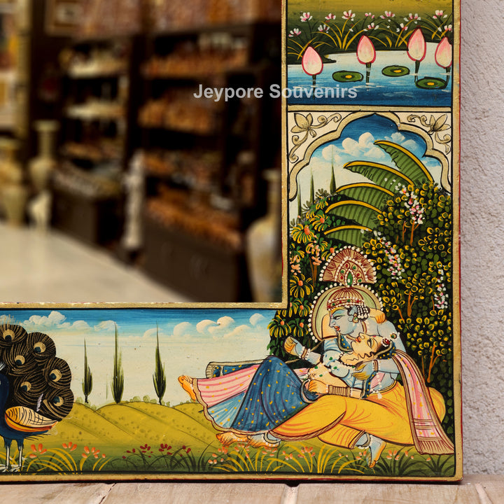 Hand-Painted Radha Krishna Pichwai Wooden Wall Mirror