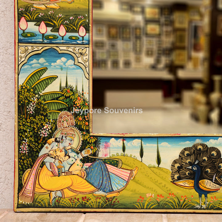 Hand-Painted Radha Krishna Pichwai Wooden Wall Mirror