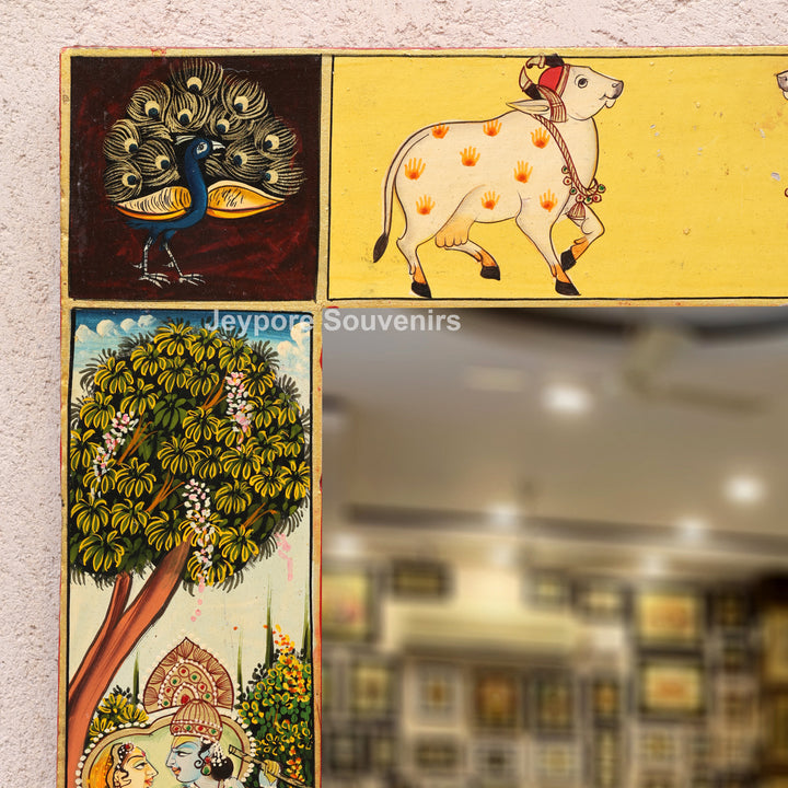 Hand-Painted Radha Krishna Pichwai Wooden Wall Mirror