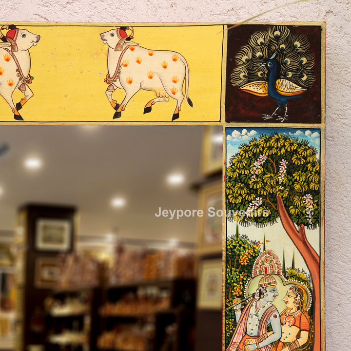 Hand-Painted Radha Krishna Pichwai Wooden Wall Mirror