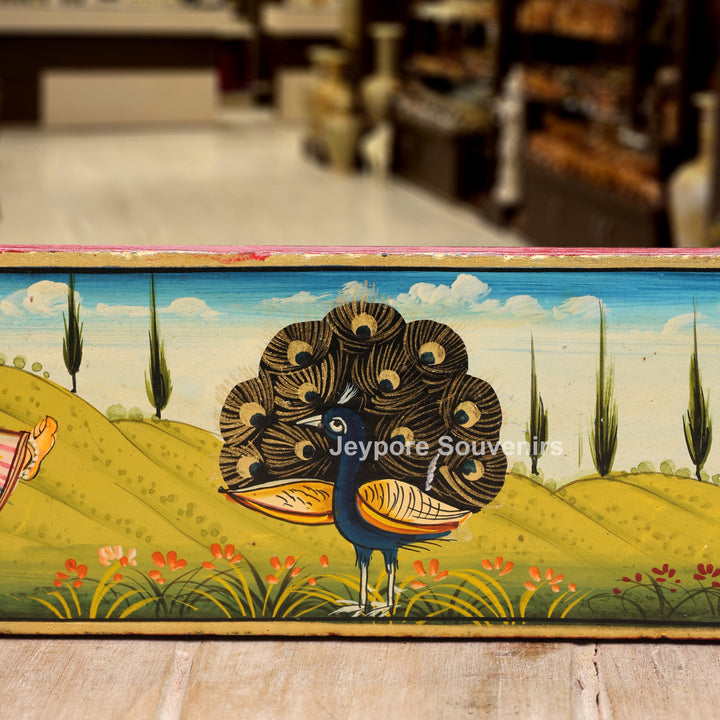 Hand-Painted Radha Krishna Pichwai Wooden Wall Mirror