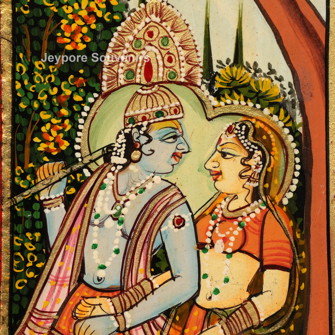 Hand-Painted Radha Krishna Pichwai Wooden Wall Mirror