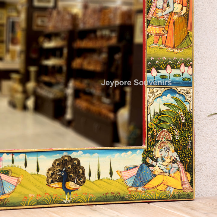 Hand-Painted Radha Krishna Pichwai Wooden Wall Mirror