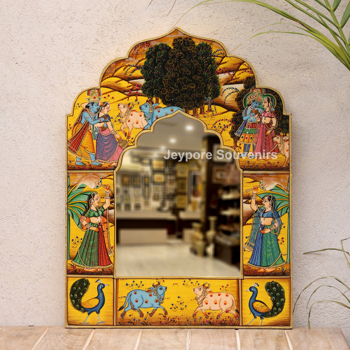 Hand-Painted Radha Krishna Pichwai Wooden Jharokha Wall Mirror