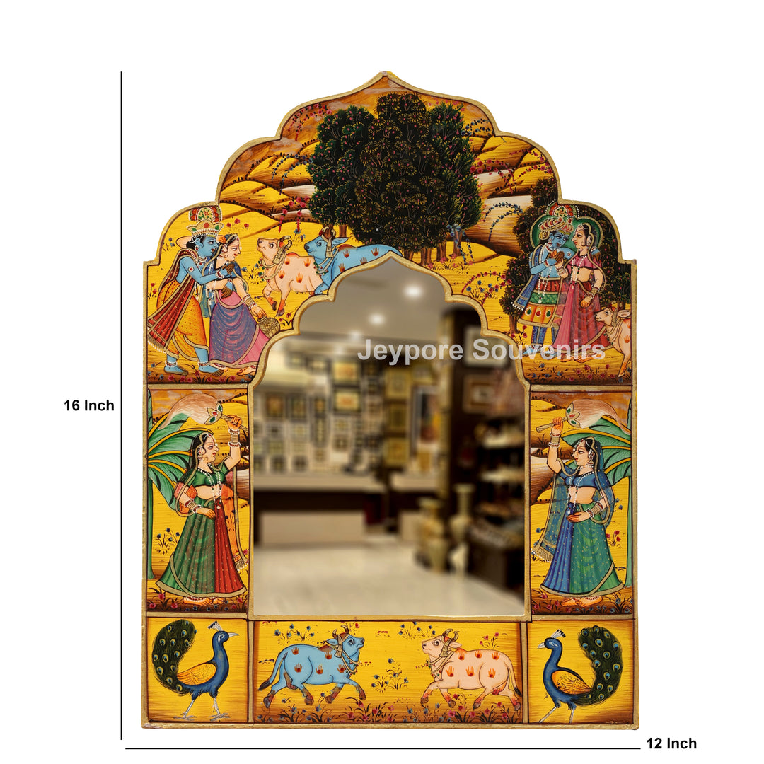 Hand-Painted Radha Krishna Pichwai Wooden Jharokha Wall Mirror