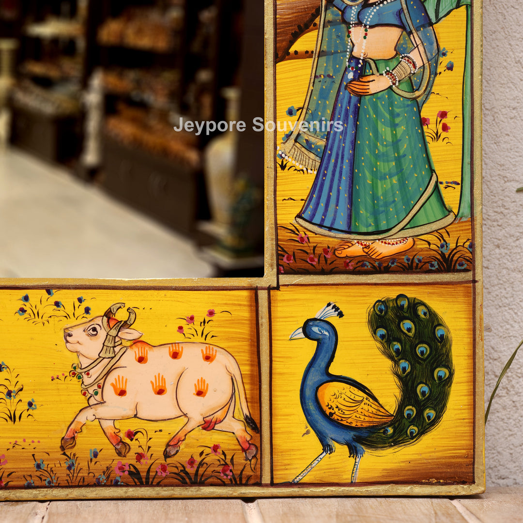 Hand-Painted Radha Krishna Pichwai Wooden Jharokha Wall Mirror