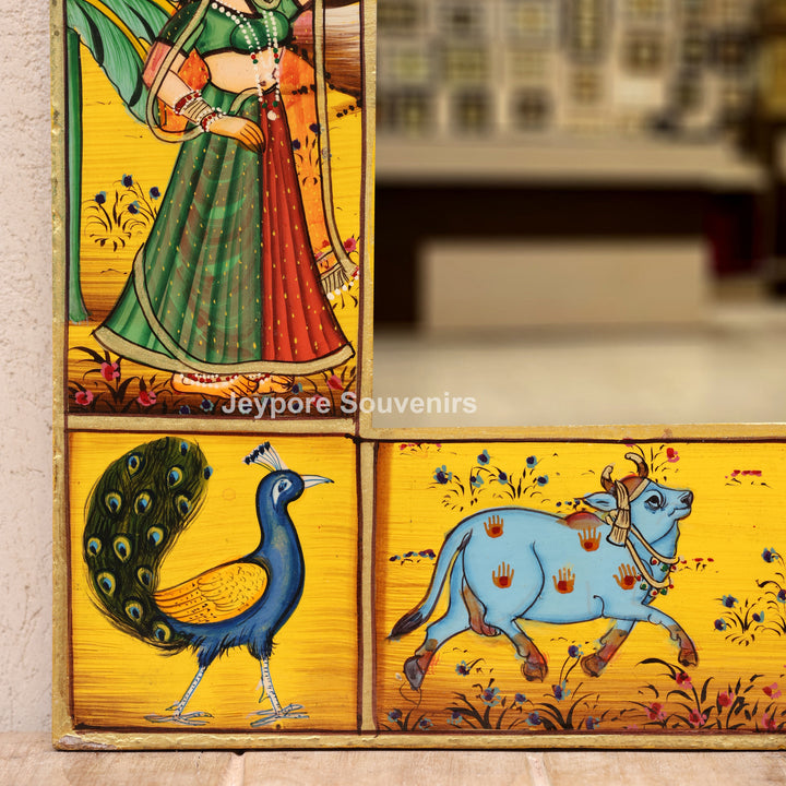 Hand-Painted Radha Krishna Pichwai Wooden Jharokha Wall Mirror
