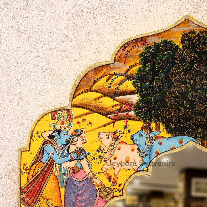 Hand-Painted Radha Krishna Pichwai Wooden Jharokha Wall Mirror