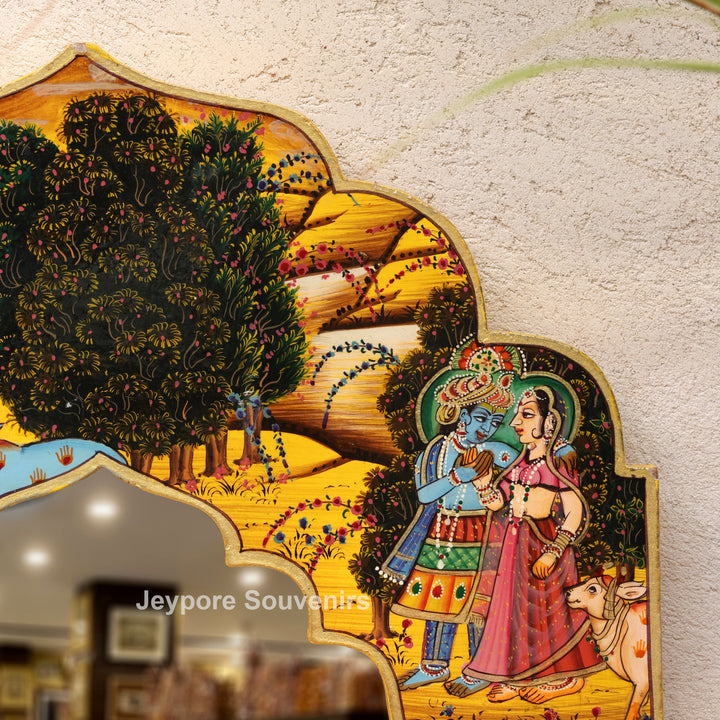 Hand-Painted Radha Krishna Pichwai Wooden Jharokha Wall Mirror