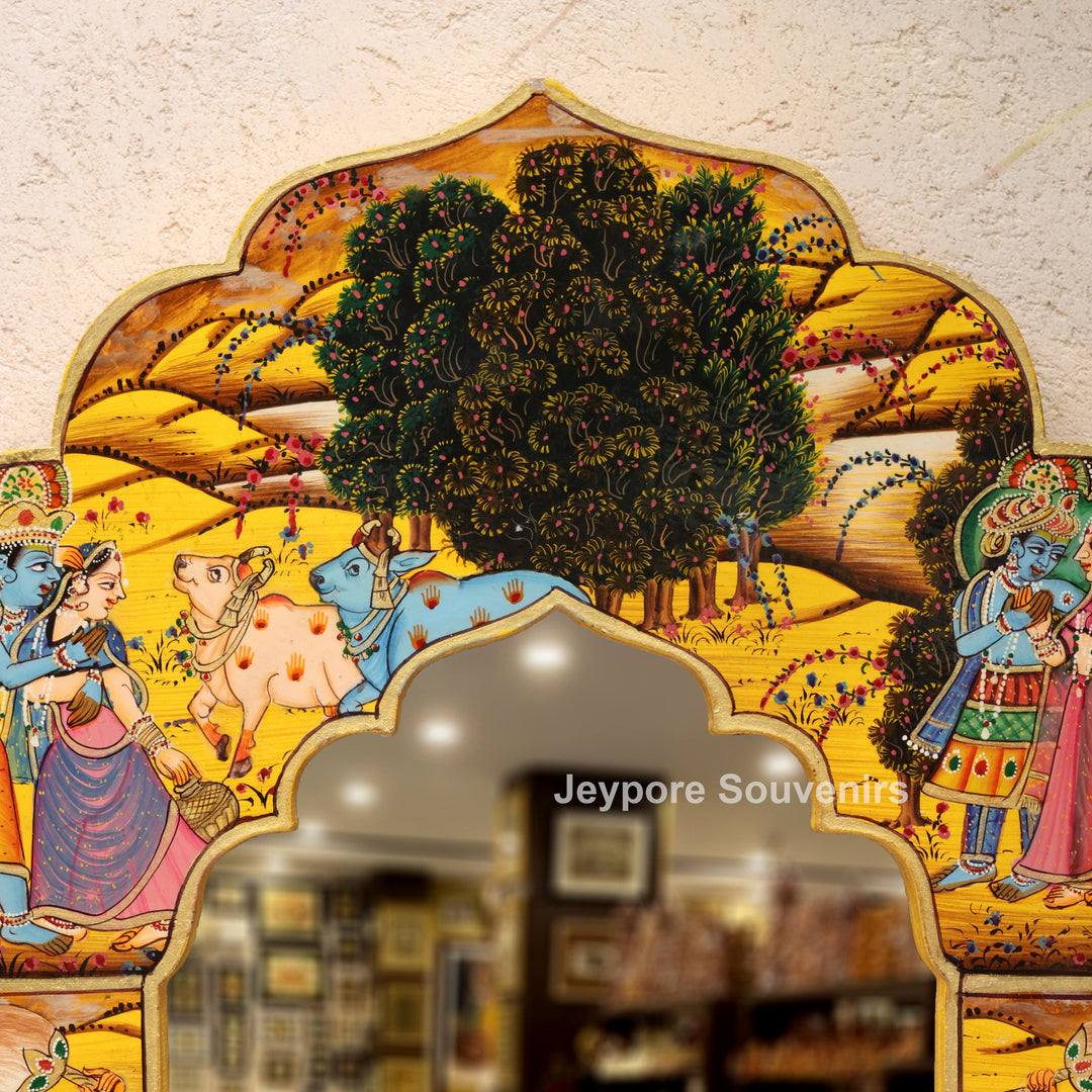 Hand-Painted Radha Krishna Pichwai Wooden Jharokha Wall Mirror