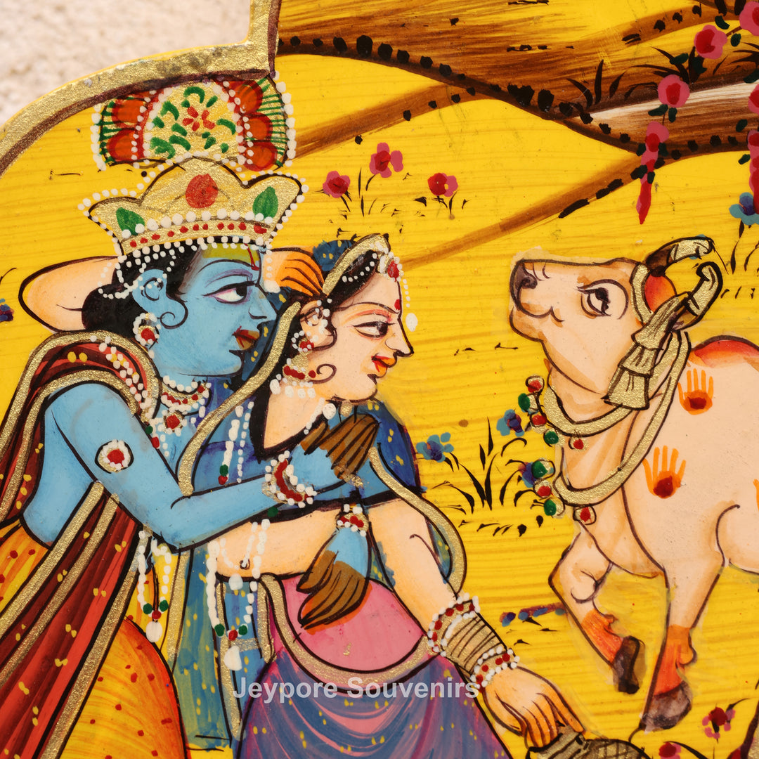 Hand-Painted Radha Krishna Pichwai Wooden Jharokha Wall Mirror