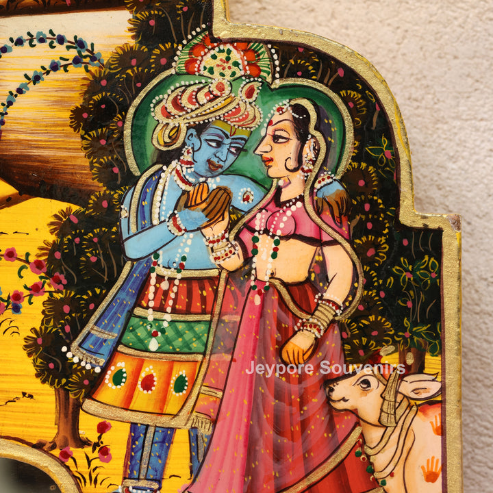 Hand-Painted Radha Krishna Pichwai Wooden Jharokha Wall Mirror