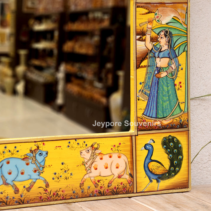 Hand-Painted Radha Krishna Pichwai Wooden Jharokha Wall Mirror