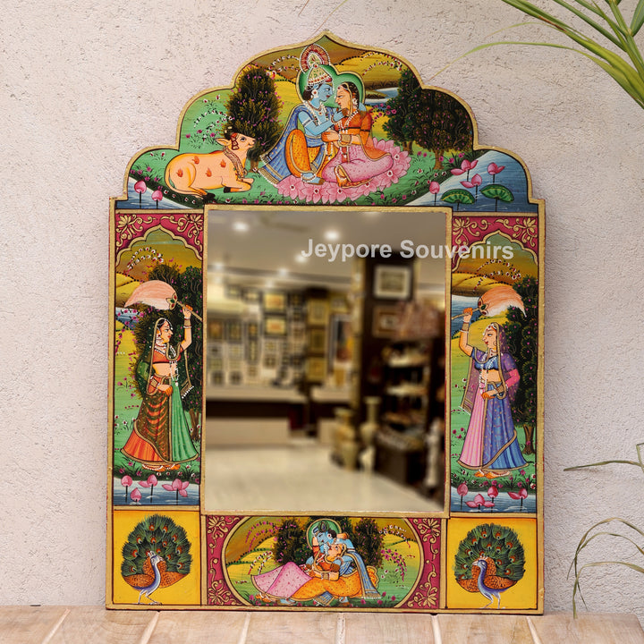 Radha Krishna Wooden Jharokha Wall Mirror