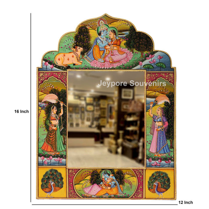 Radha Krishna Wooden Jharokha Wall Mirror