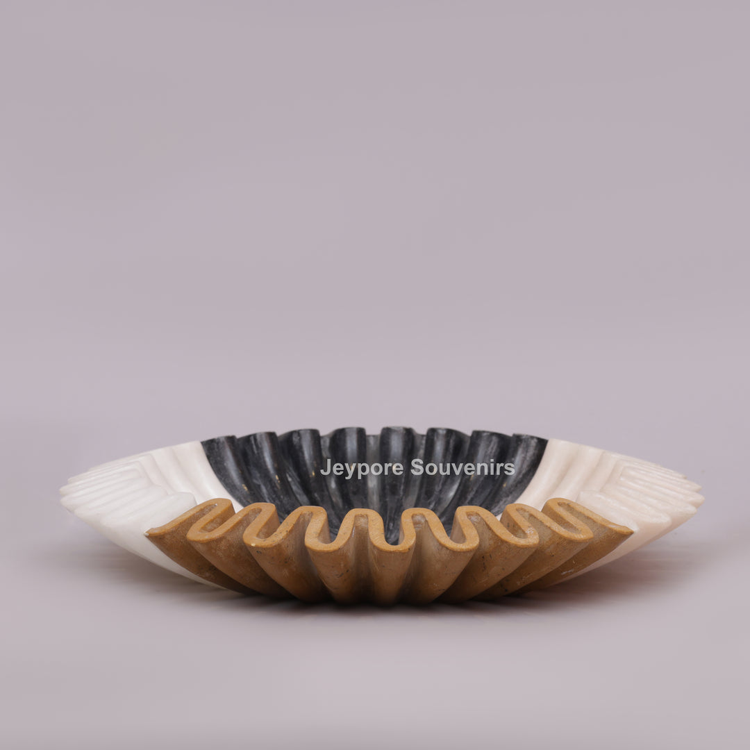 Handcrafted Tri-Color Ruffled Marble Decorative Bowl