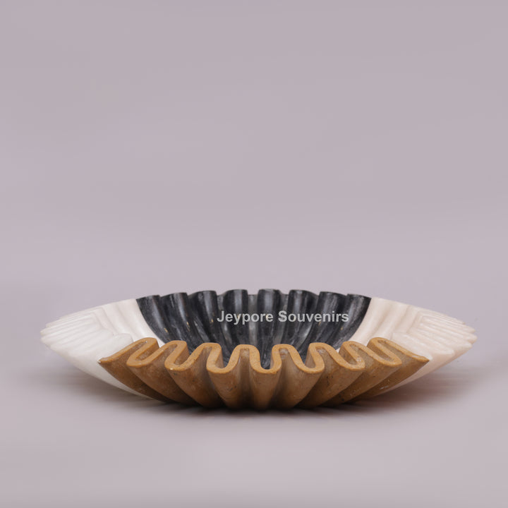Handcrafted Tri-Color Ruffled Marble Decorative Bowl