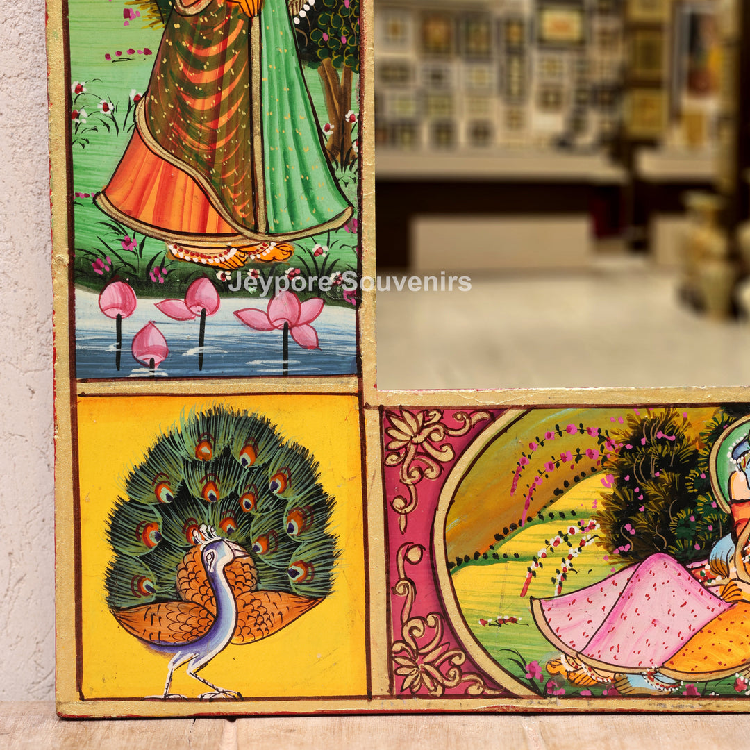 Radha Krishna Wooden Jharokha Wall Mirror