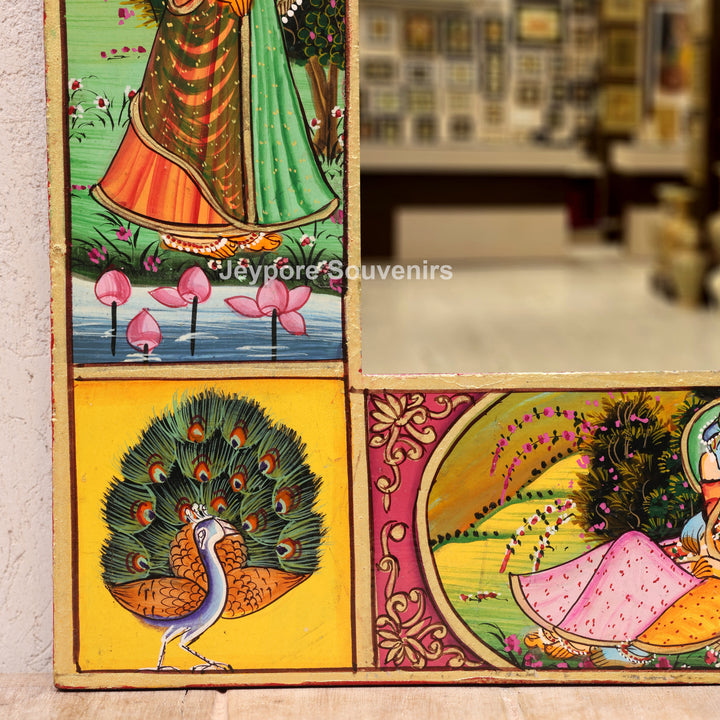 Radha Krishna Wooden Jharokha Wall Mirror