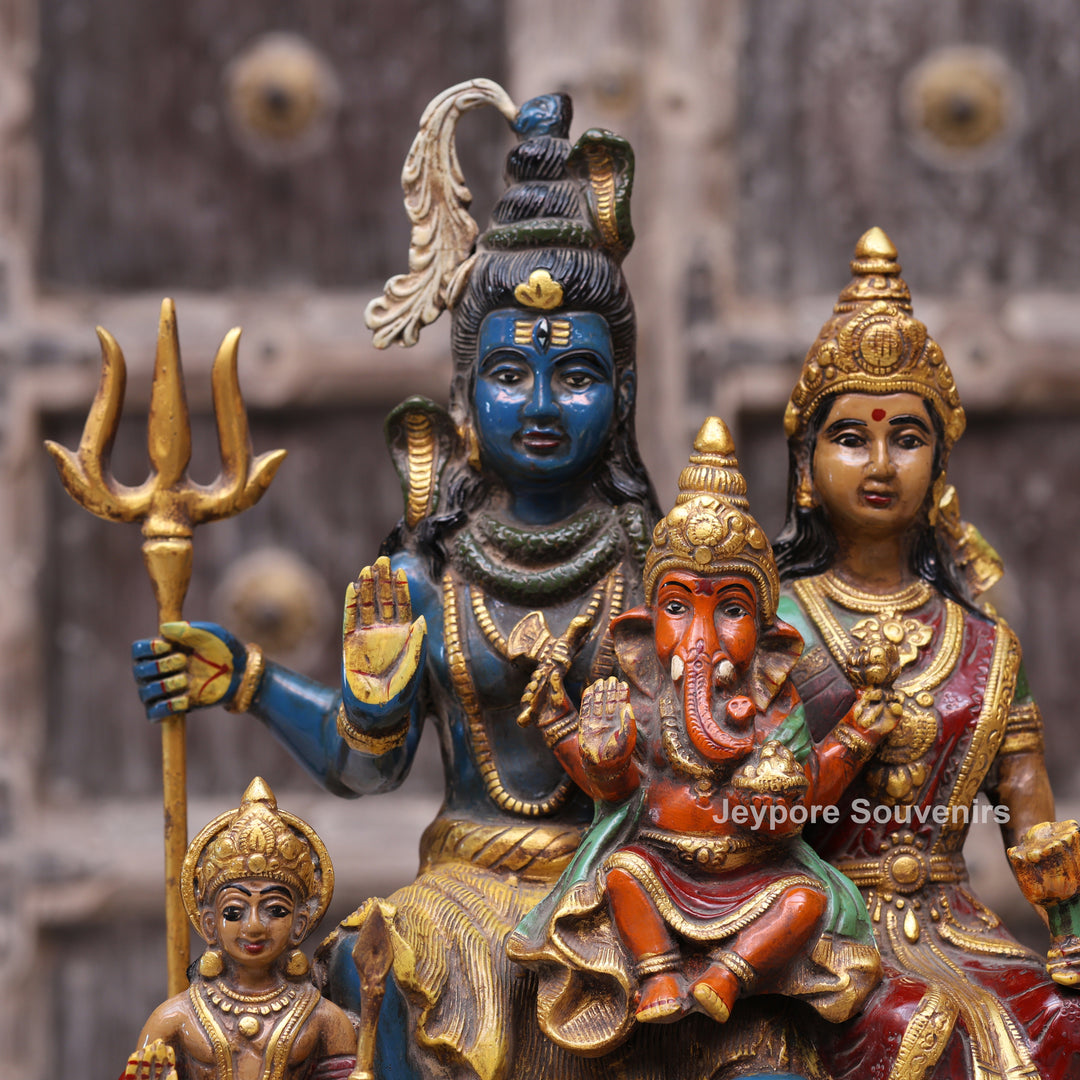 Handcrafted Brass Multicolor Shiva Parivar Statue with Ganesh &amp; Kartikeya