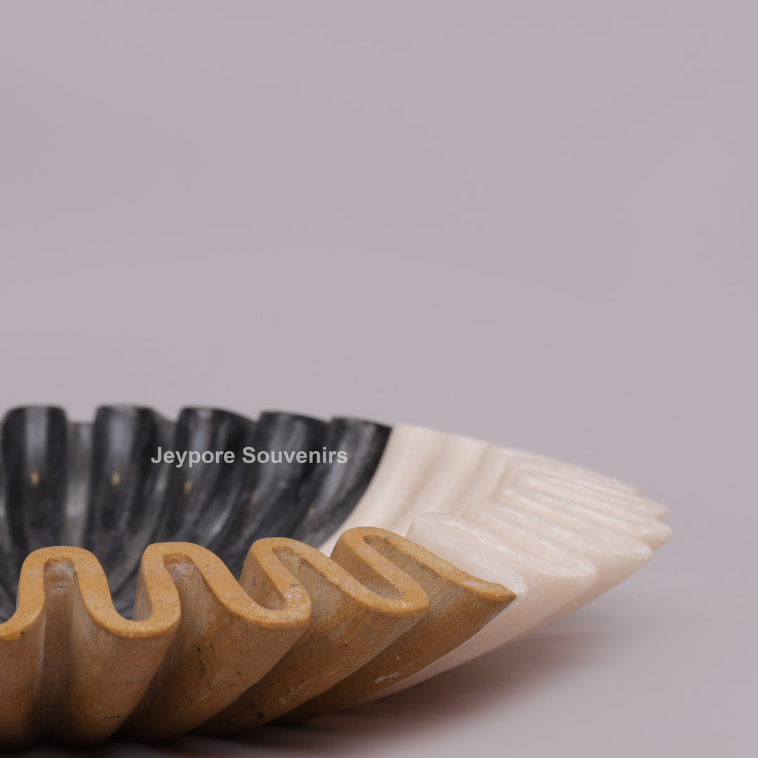 Handcrafted Tri-Color Ruffled Marble Decorative Bowl