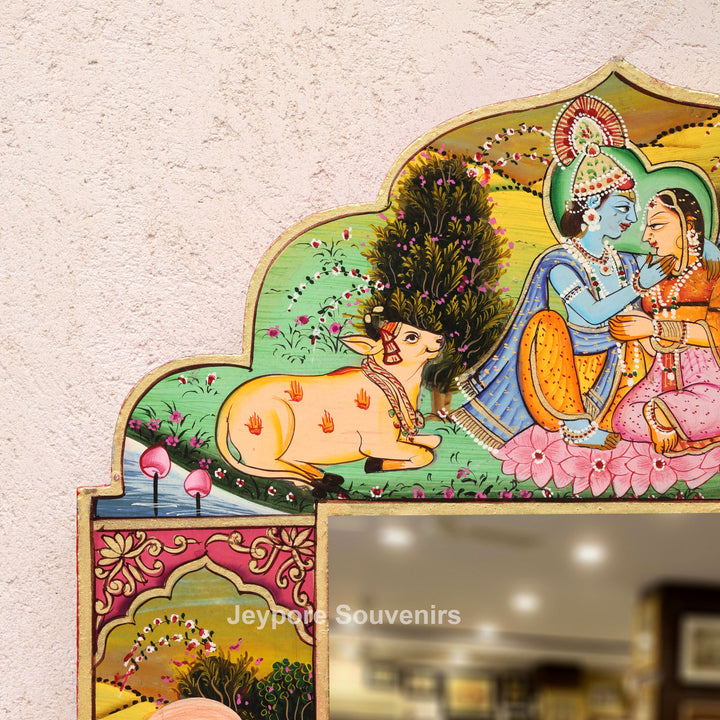 Radha Krishna Wooden Jharokha Wall Mirror