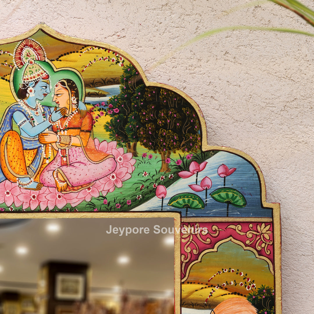 Radha Krishna Wooden Jharokha Wall Mirror