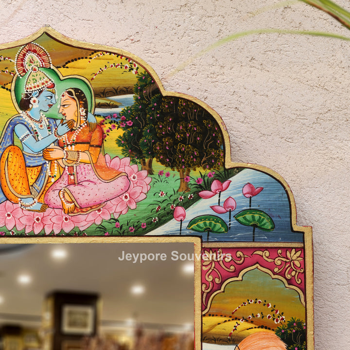 Radha Krishna Wooden Jharokha Wall Mirror