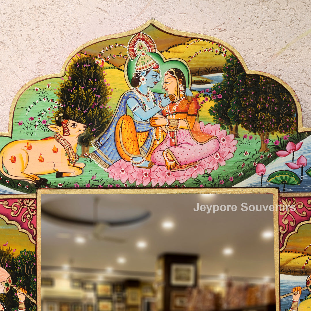 Radha Krishna Wooden Jharokha Wall Mirror
