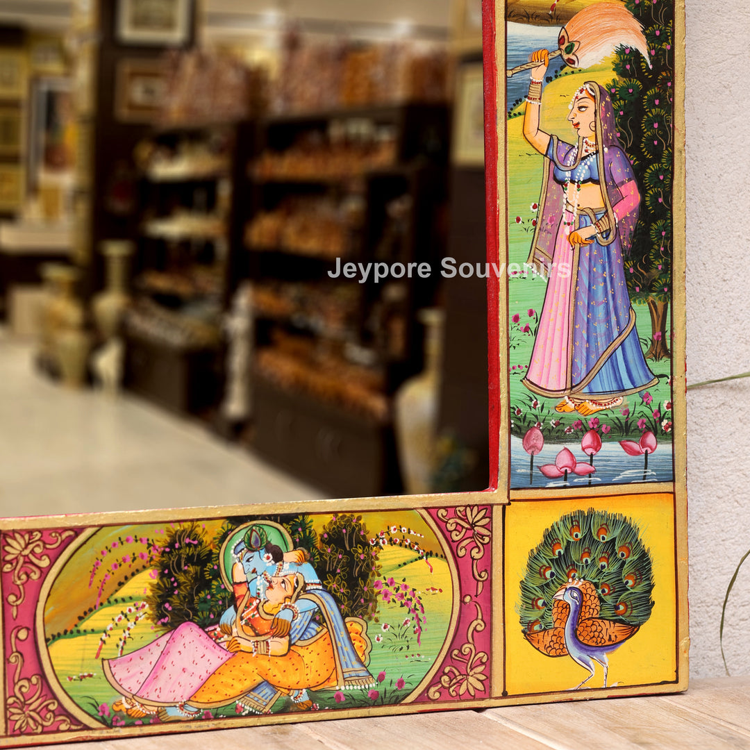 Radha Krishna Wooden Jharokha Wall Mirror