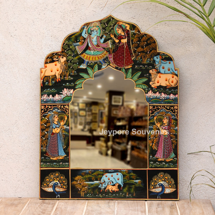 Radha Krishna Wooden Jharokha Wall Mirror with Cow &amp; Peacock Motifs