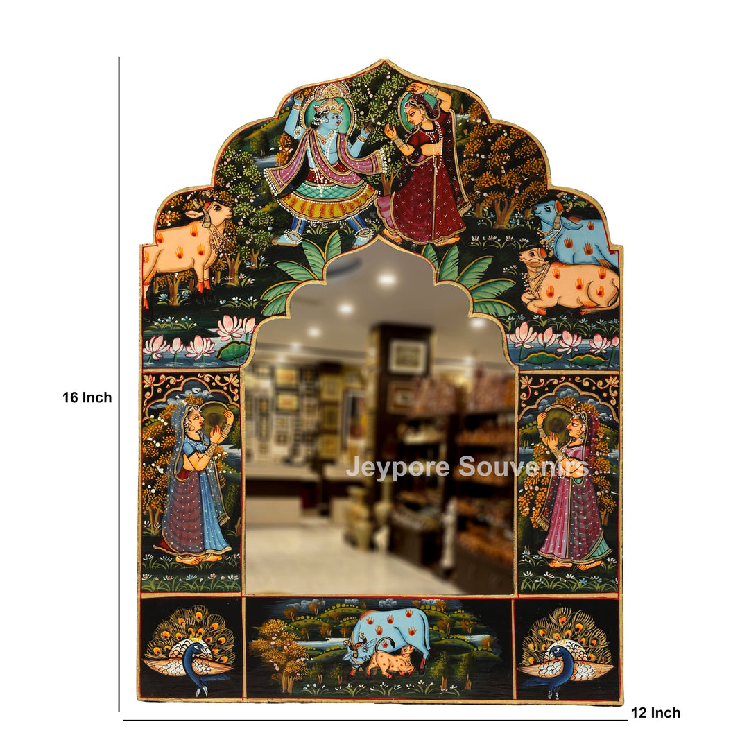Radha Krishna Wooden Jharokha Wall Mirror with Cow &amp; Peacock Motifs