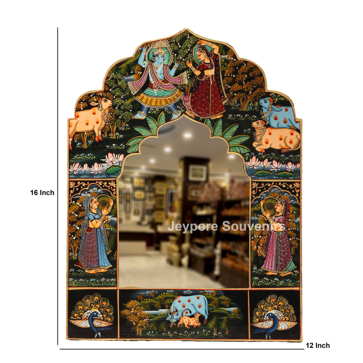 Radha Krishna Wooden Jharokha Wall Mirror with Cow &amp; Peacock Motifs