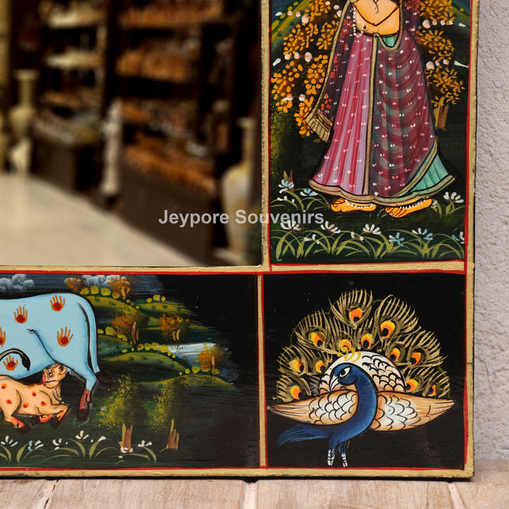 Radha Krishna Wooden Jharokha Wall Mirror with Cow &amp; Peacock Motifs
