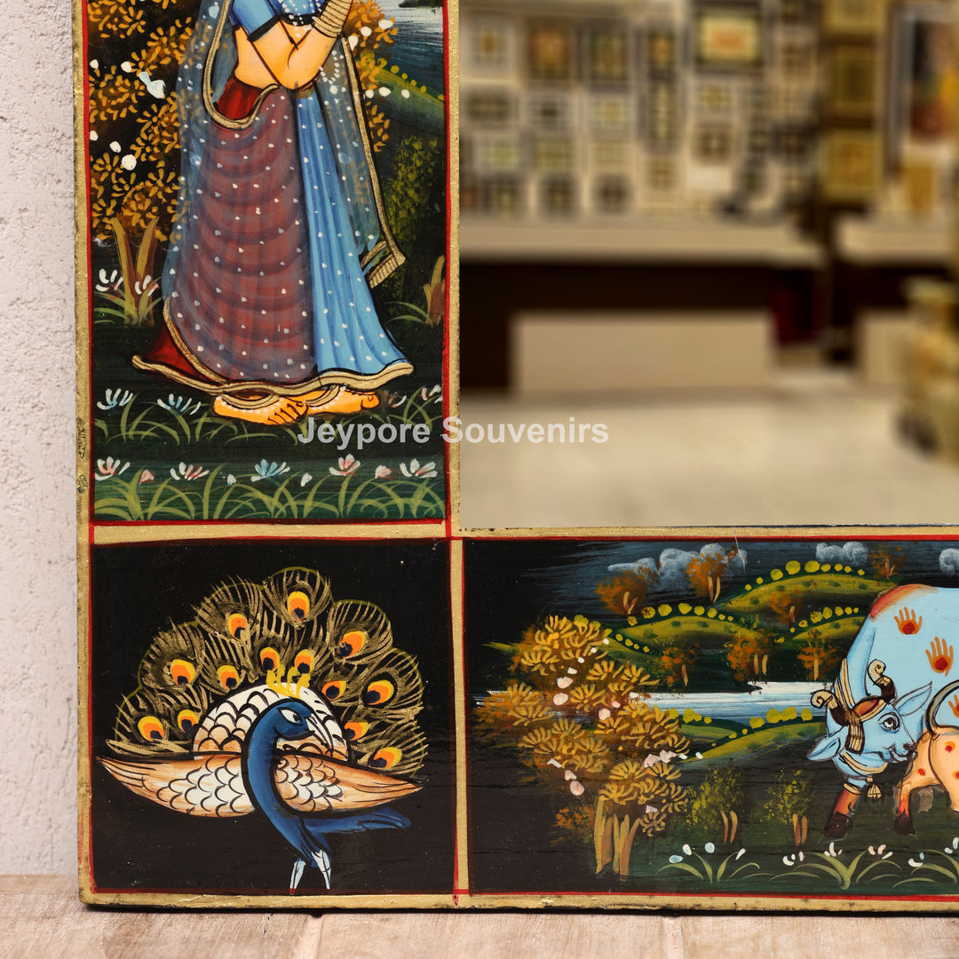 Radha Krishna Wooden Jharokha Wall Mirror with Cow &amp; Peacock Motifs