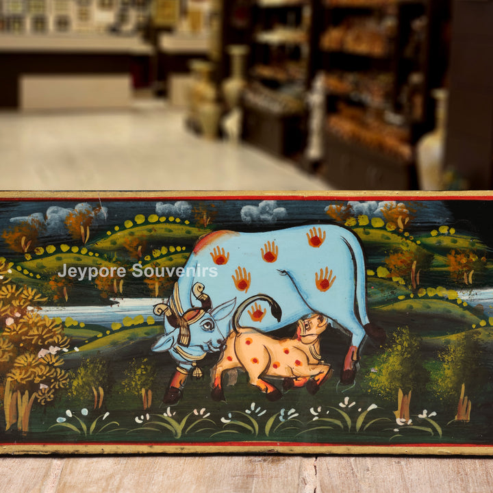 Radha Krishna Wooden Jharokha Wall Mirror with Cow &amp; Peacock Motifs