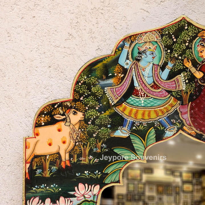 Radha Krishna Wooden Jharokha Wall Mirror with Cow &amp; Peacock Motifs