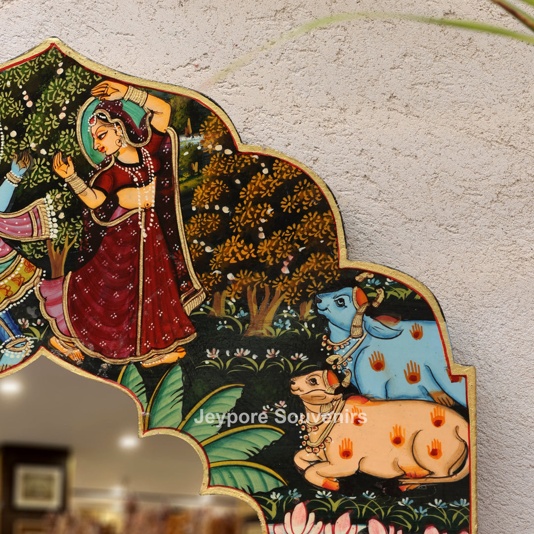 Radha Krishna Wooden Jharokha Wall Mirror with Cow &amp; Peacock Motifs