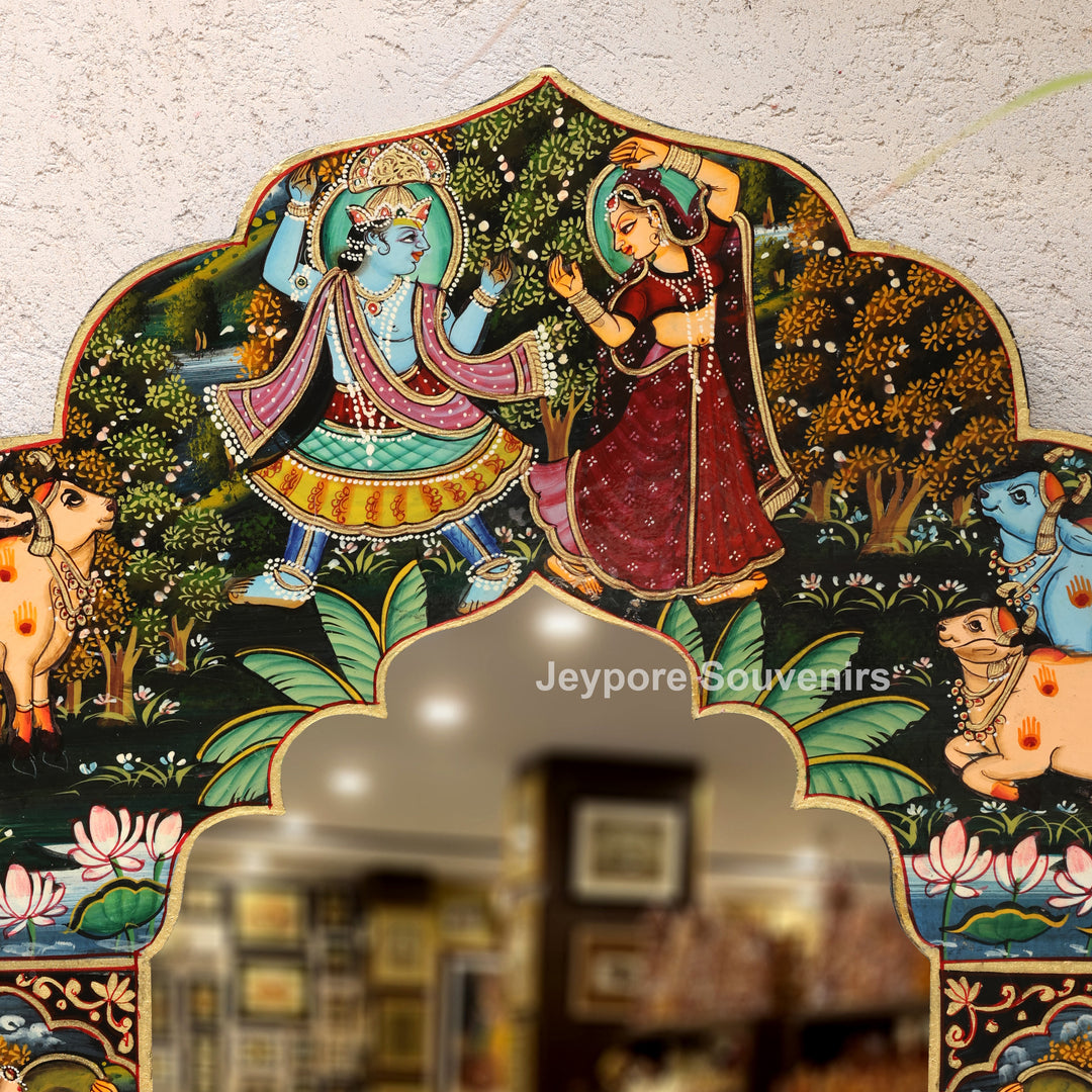 Radha Krishna Wooden Jharokha Wall Mirror with Cow &amp; Peacock Motifs