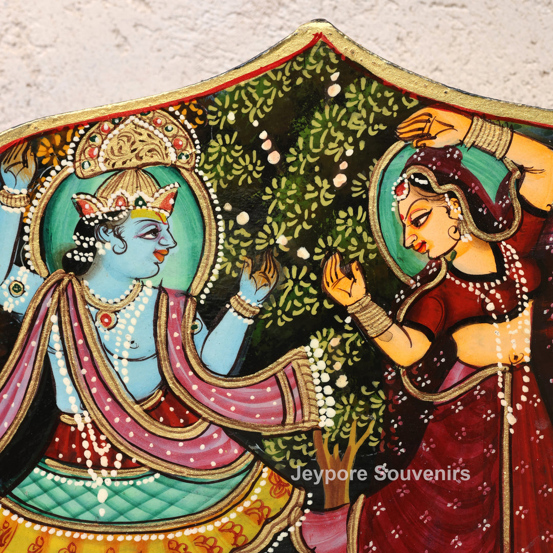 Radha Krishna Wooden Jharokha Wall Mirror with Cow &amp; Peacock Motifs