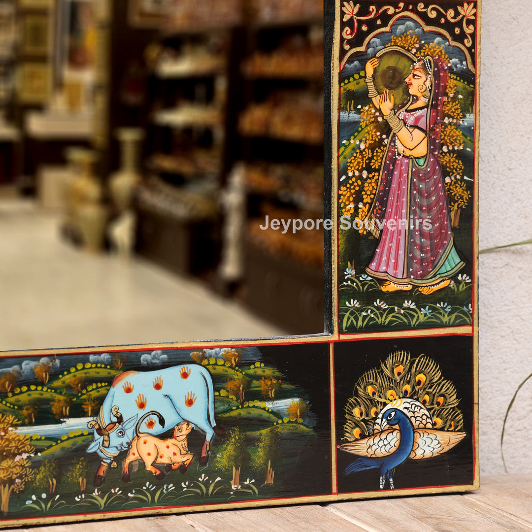 Radha Krishna Wooden Jharokha Wall Mirror with Cow &amp; Peacock Motifs