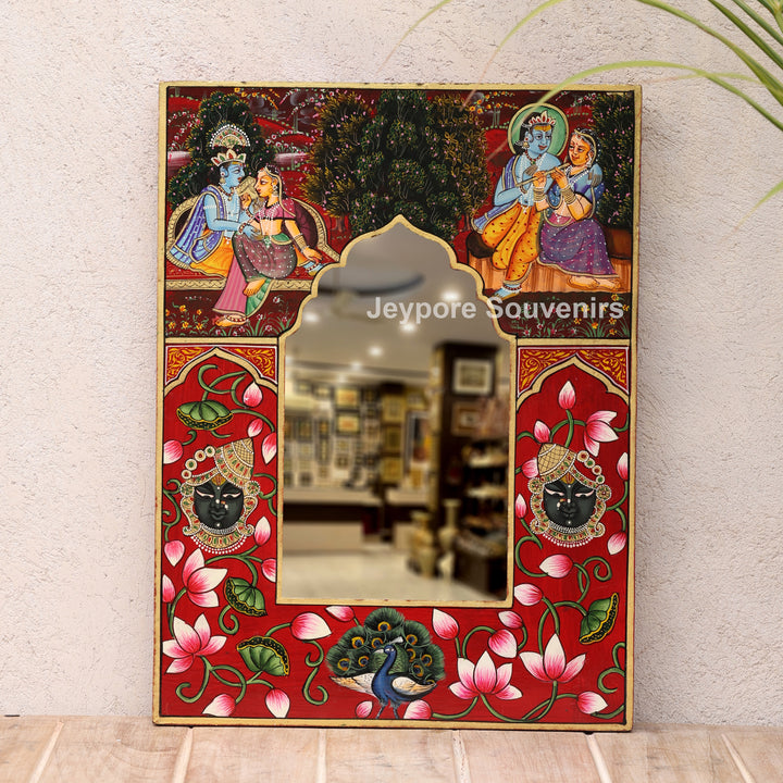 Radha Krishna Jharokha Wall Mirror with Shrinathji, Lotus &amp; Peacock Art