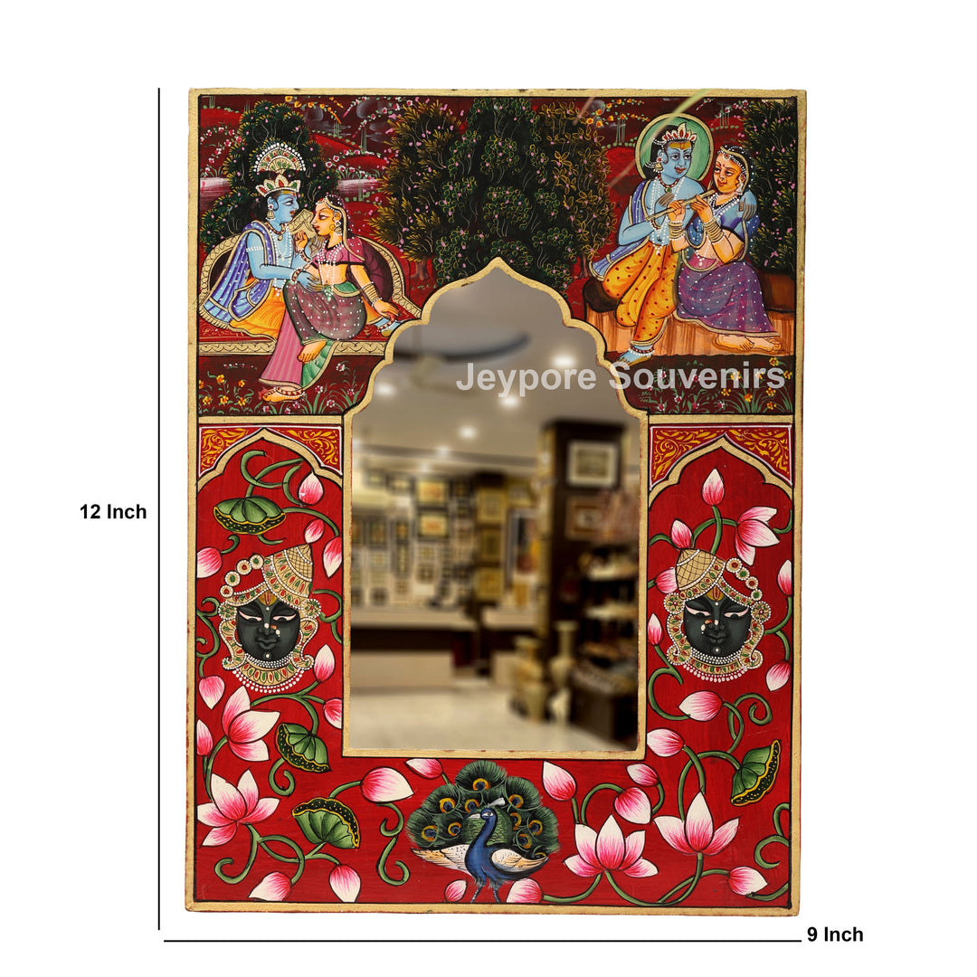 Radha Krishna Jharokha Wall Mirror with Shrinathji, Lotus &amp; Peacock Art