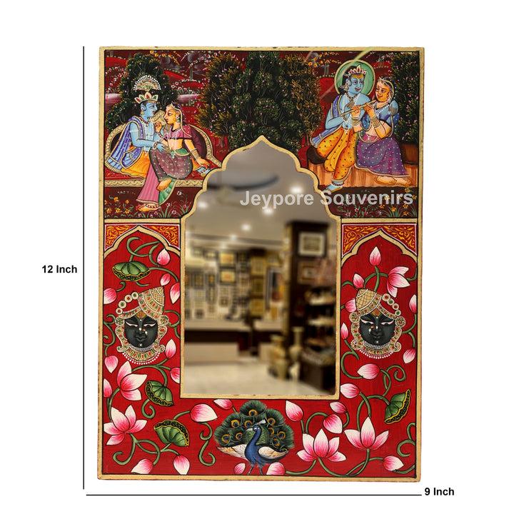 Radha Krishna Jharokha Wall Mirror with Shrinathji, Lotus &amp; Peacock Art