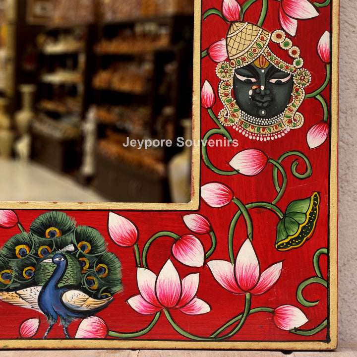 Radha Krishna Jharokha Wall Mirror with Shrinathji, Lotus &amp; Peacock Art