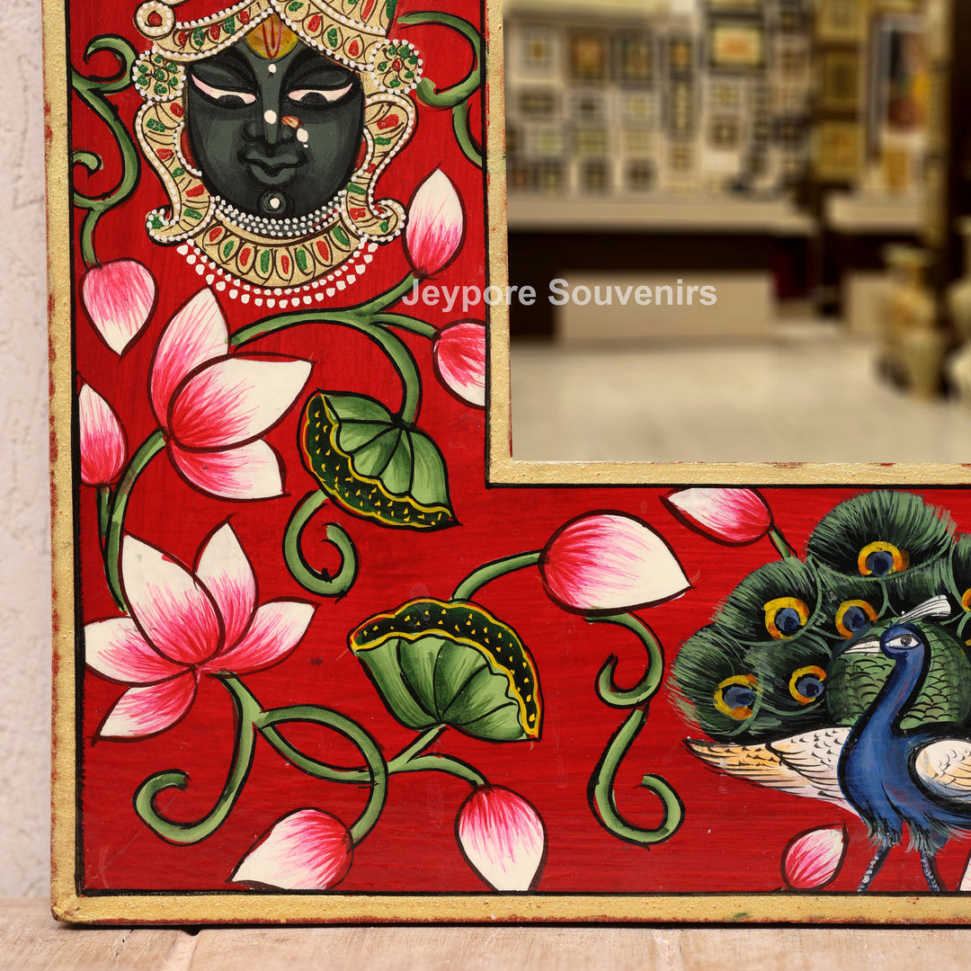 Radha Krishna Jharokha Wall Mirror with Shrinathji, Lotus &amp; Peacock Art