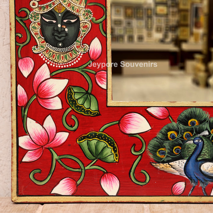 Radha Krishna Jharokha Wall Mirror with Shrinathji, Lotus &amp; Peacock Art