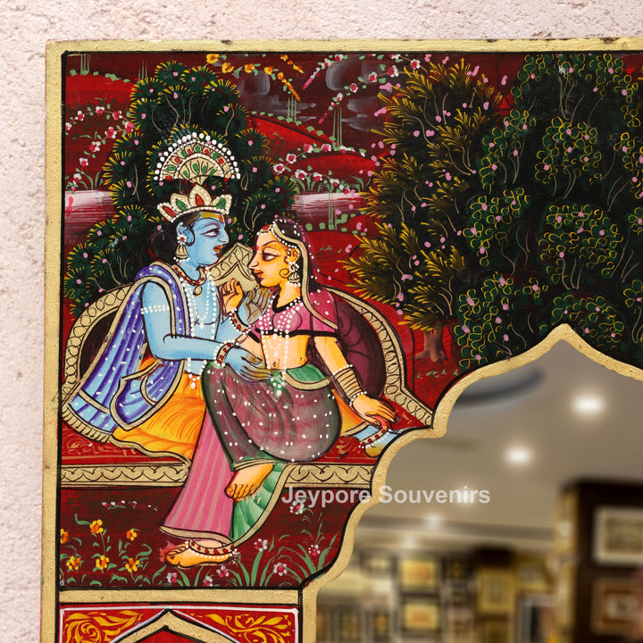 Radha Krishna Jharokha Wall Mirror with Shrinathji, Lotus &amp; Peacock Art