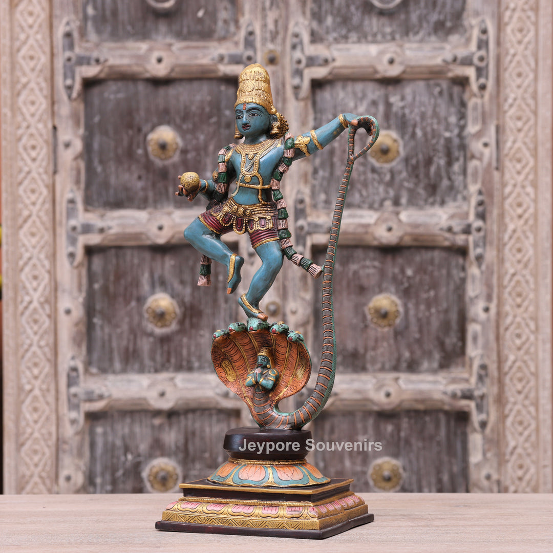 Handcrafted Brass Lord Krishna Dancing on Kaliya Serpent Statue