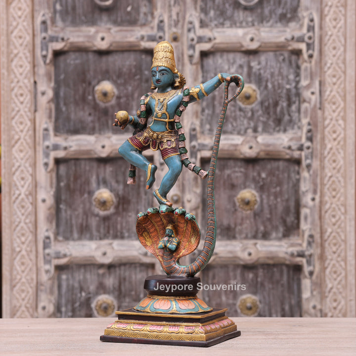 Handcrafted Brass Lord Krishna Dancing on Kaliya Serpent Statue